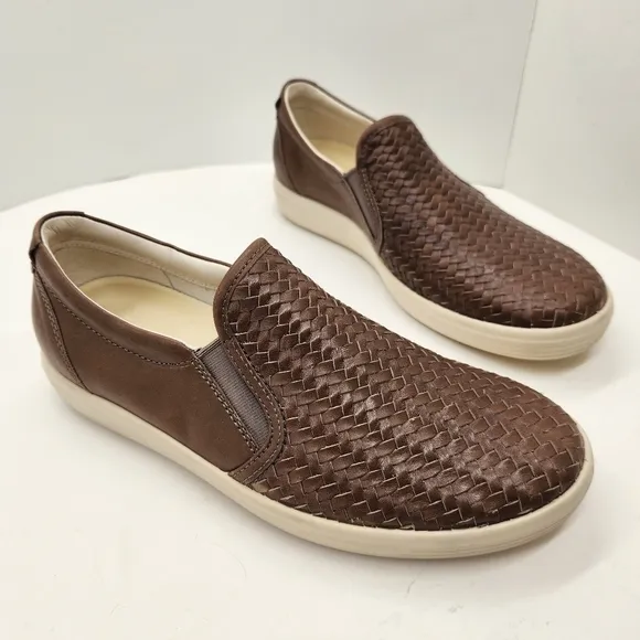 Ecco Soft loafers women's 7 brown woven leather slip-on comfort preppy new $175