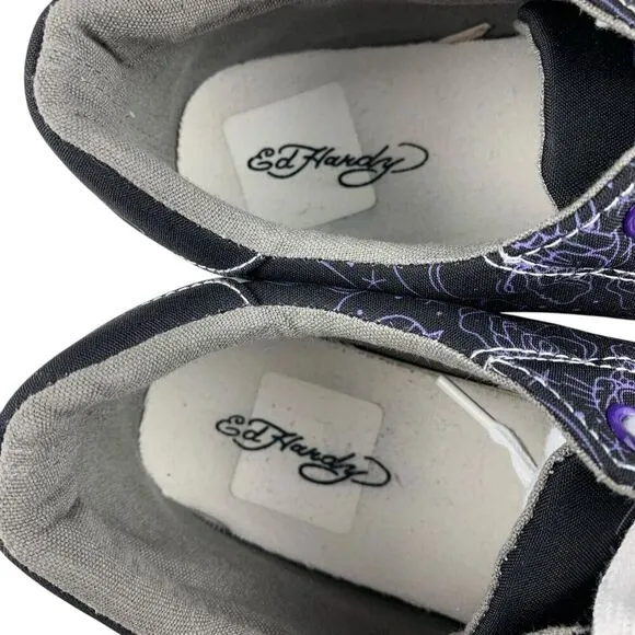 Ed Hardy Men's Sneakers Size 13 Black Purple Canvas Skull Lace Up Low Top