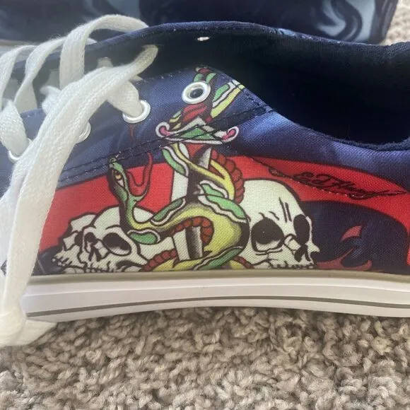 Ed Hardy Thread Canvas Lace Up Skull Flame Sneakers EH9056L Black Size 11.5 New