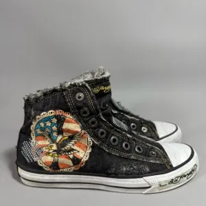 Ed Hardy Vintage Black Cotton Canvas High-Top Sneakers with Eagle Design