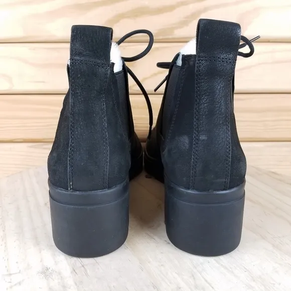 Eileen Fisher 6.5 US CALM Black Leather Boots Genuine Shearling Trim Booties NEW