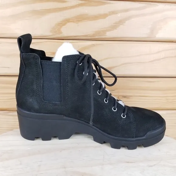 Eileen Fisher 6.5 US CALM Black Leather Boots Genuine Shearling Trim Booties NEW