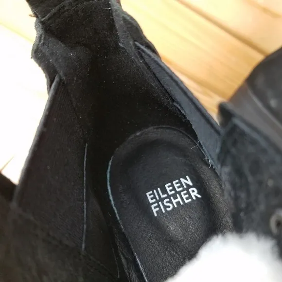 Eileen Fisher 6.5 US CALM Black Leather Boots Genuine Shearling Trim Booties NEW