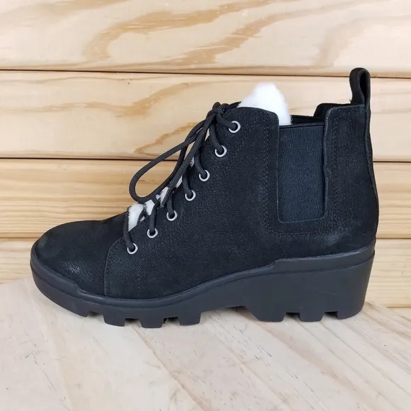 Eileen Fisher 6.5 US CALM Black Leather Boots Genuine Shearling Trim Booties NEW