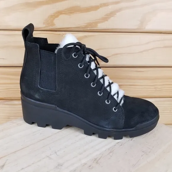 Eileen Fisher 6.5 US CALM Black Leather Boots Genuine Shearling Trim Booties NEW
