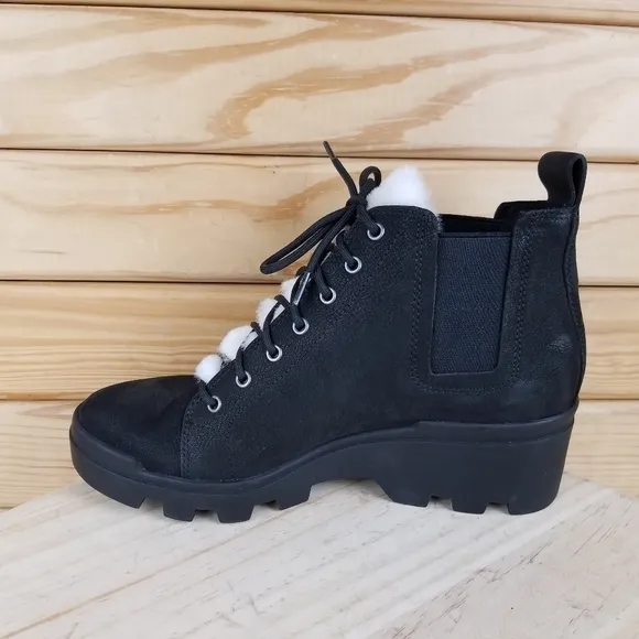Eileen Fisher 6.5 US CALM Black Leather Boots Genuine Shearling Trim Booties NEW