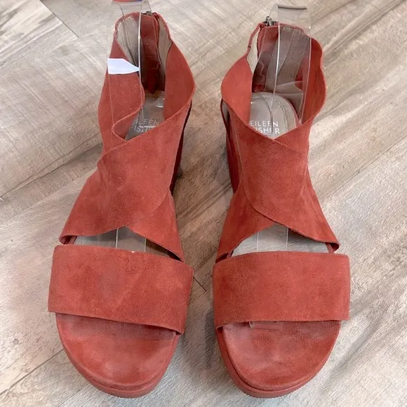 Eileen Fisher burnt orange gray suede cross strap back zip sandals size 8.5