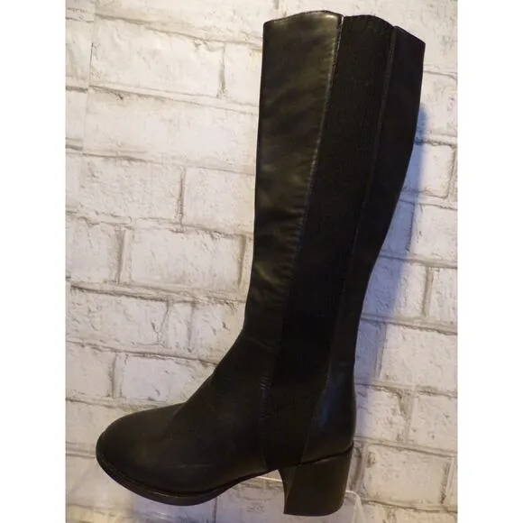 Eileen Fisher Destry Black Leather &amp; Recycled Stretch Knit Boots 5 NEW