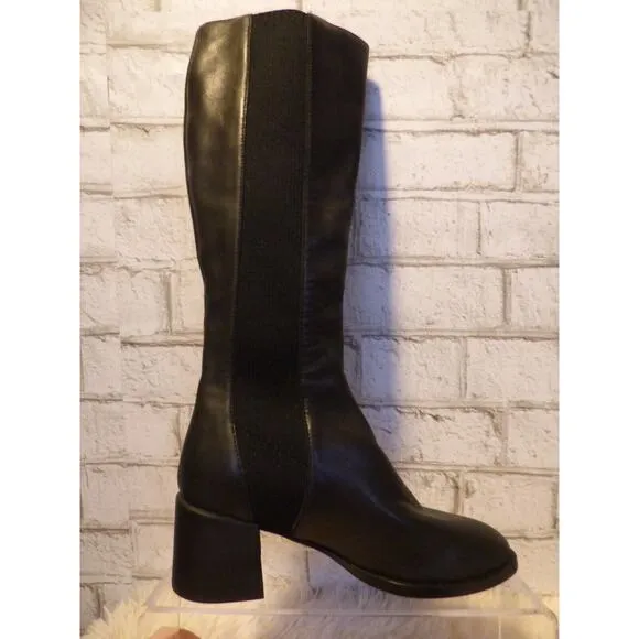 Eileen Fisher Destry Black Leather &amp; Recycled Stretch Knit Boots 5 NEW