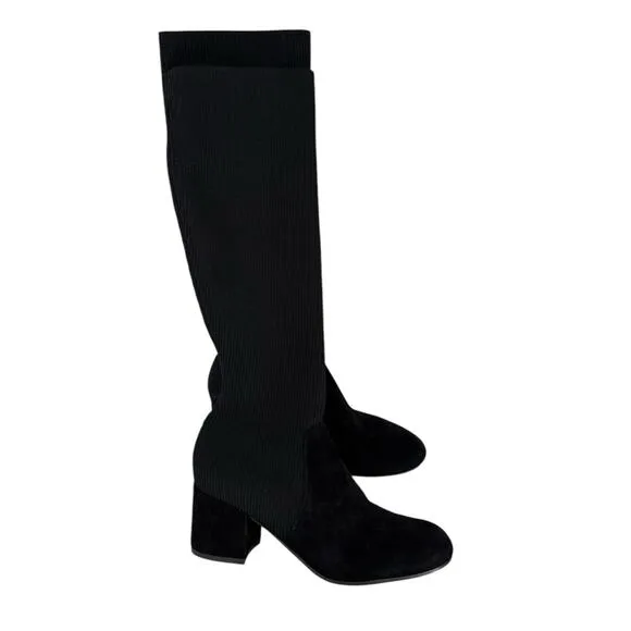 Eileen Fisher Knee High Boots Stretch Knit and Suede Block Heel Size 6.5 Black