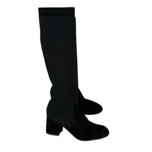 Eileen Fisher Knee High Boots Stretch Knit and Suede Block Heel Size 6.5 Black
