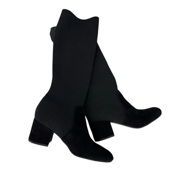 Eileen Fisher Knee High Boots Stretch Knit and Suede Block Heel Size 6.5 Black