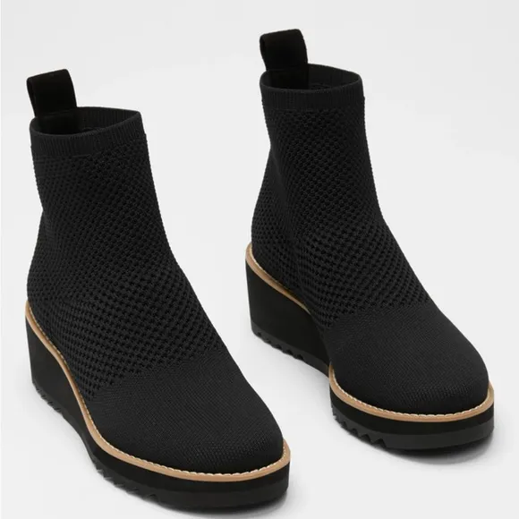 Eileen Fisher London Recycled Stretch Knit Bootie Wedge Black Womens 9 Pull On