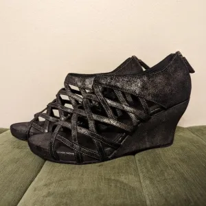 Eileen Fisher Metallic Black Suede Cage Wedge Strappy Sandals Lattice Heels 9