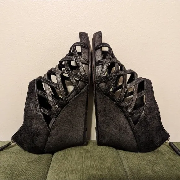 Eileen Fisher Metallic Black Suede Cage Wedge Strappy Sandals Lattice Heels 9