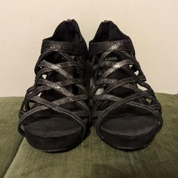 Eileen Fisher Metallic Black Suede Cage Wedge Strappy Sandals Lattice Heels 9