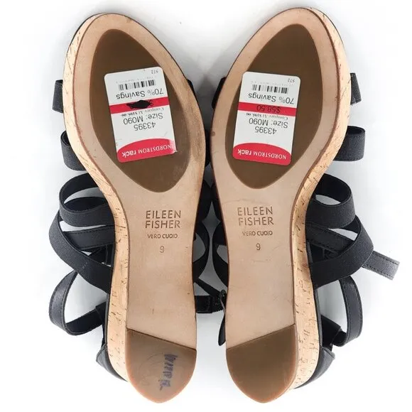 EILEEN FISHER NWOB Black Strappy Gladiator Cork Wedge Sandals