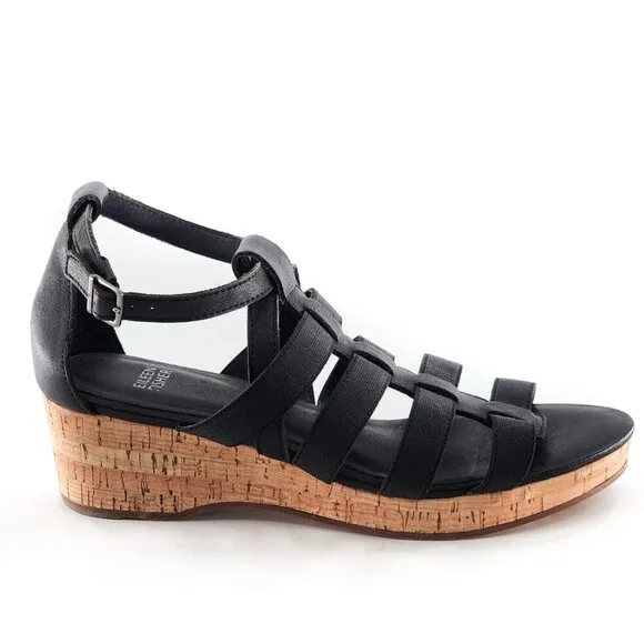 EILEEN FISHER NWOB Black Strappy Gladiator Cork Wedge Sandals