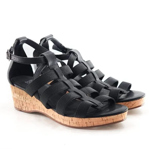 EILEEN FISHER NWOB Black Strappy Gladiator Cork Wedge Sandals