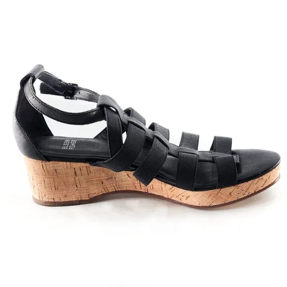 EILEEN FISHER NWOB Black Strappy Gladiator Cork Wedge Sandals