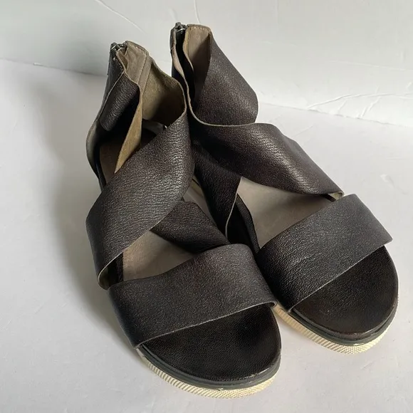 Eileen Fisher Sport Platform Black Leather Sandals Size 8