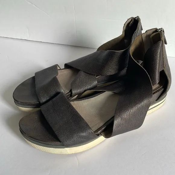 Eileen Fisher Sport Platform Black Leather Sandals Size 8