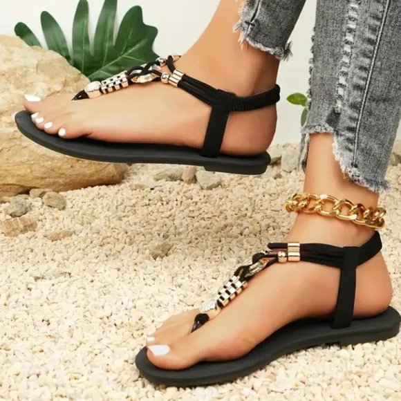 Elegant Black Beaded Women's Sandals Sz 11