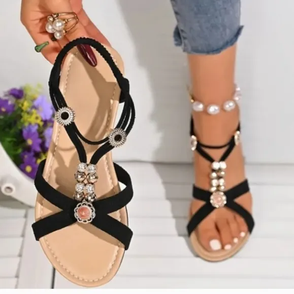 Elegant Black Sandals with Rhinestone Accents Sz 9.5