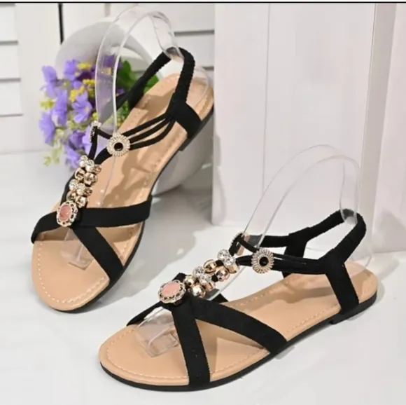 Elegant Black Sandals with Rhinestone Accents Sz 9.5