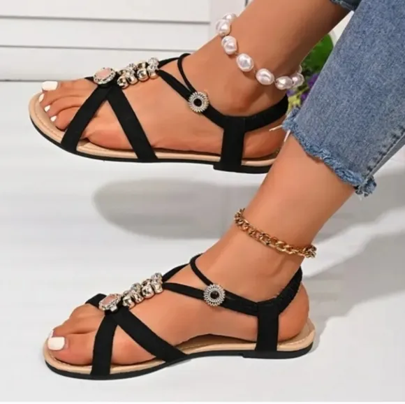 Elegant Black Sandals with Rhinestone Accents Sz 9.5