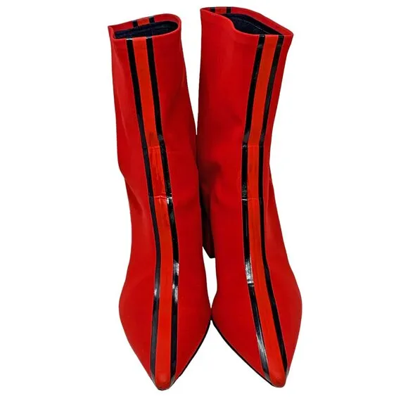 Elena Iachi Red Stretch Patent Leather Stripe‎ Pull On  Ankle Boots
