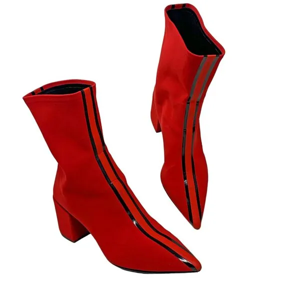 Elena Iachi Red Stretch Patent Leather Stripe‎ Pull On  Ankle Boots