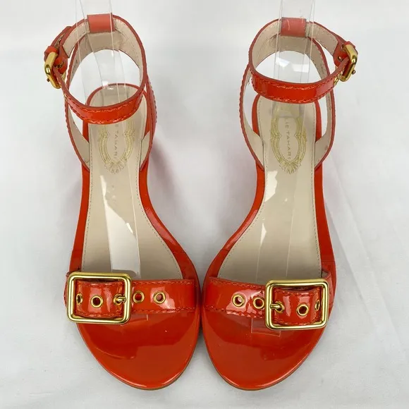 Elie Tahari Sandals Orange Patent Leather Wedge 37.5