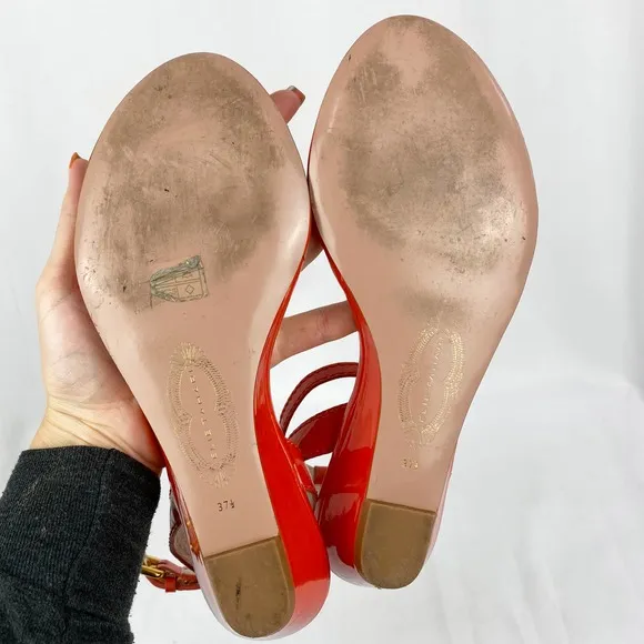 Elie Tahari Sandals Orange Patent Leather Wedge 37.5