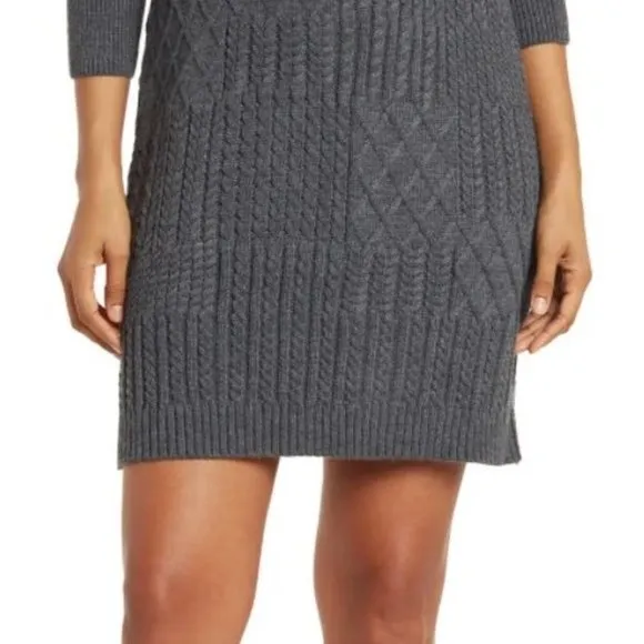 Eliza J 3/4-Sleeve Mock Neck Grey Cable Knit Sweater Mini Dress L
