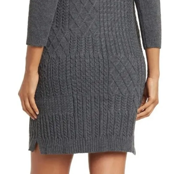 Eliza J 3/4-Sleeve Mock Neck Grey Cable Knit Sweater Mini Dress L