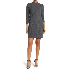 Eliza J 3/4-Sleeve Mock Neck Grey Cable Knit Sweater Mini Dress L