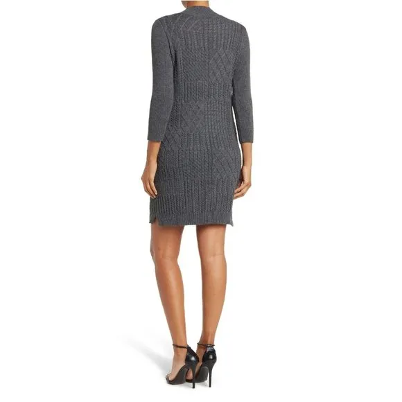 Eliza J 3/4-Sleeve Mock Neck Grey Cable Knit Sweater Mini Dress L