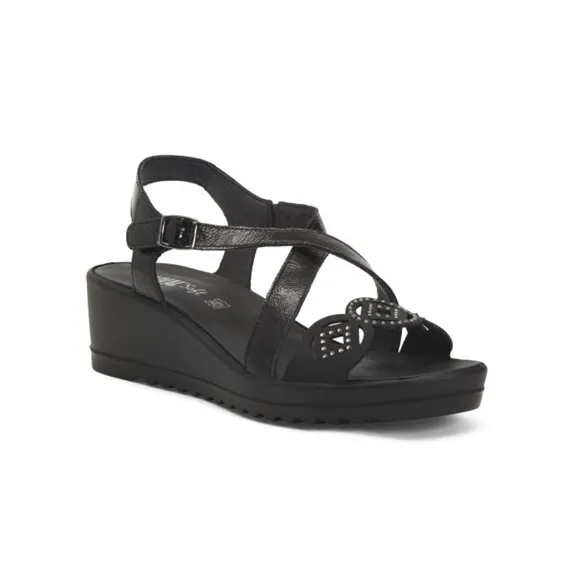 ENVAL SOFT Black Made In Italy Patent Leather Wedge Sandals