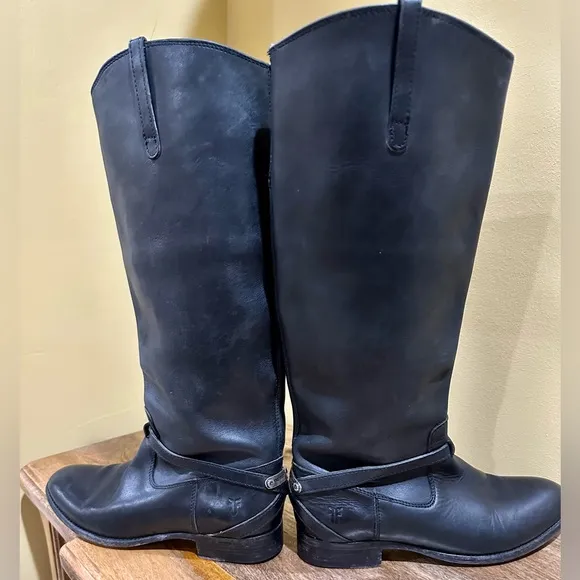 EUC Frye Lindsay Black Riding Boots w/ Ankle Belt and Back Plate Sz 8.5