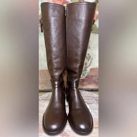 EUC Tory Burch &quot;Elina&quot; Coconut Pebbled Brown Leather Riding Boot Size 7.5