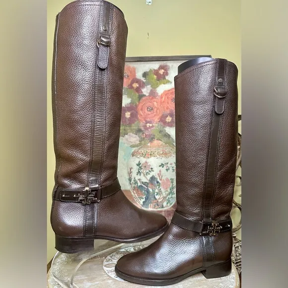 EUC Tory Burch &quot;Elina&quot; Coconut Pebbled Brown Leather Riding Boot Size 7.5