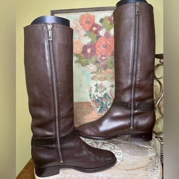 EUC Tory Burch &quot;Elina&quot; Coconut Pebbled Brown Leather Riding Boot Size 7.5