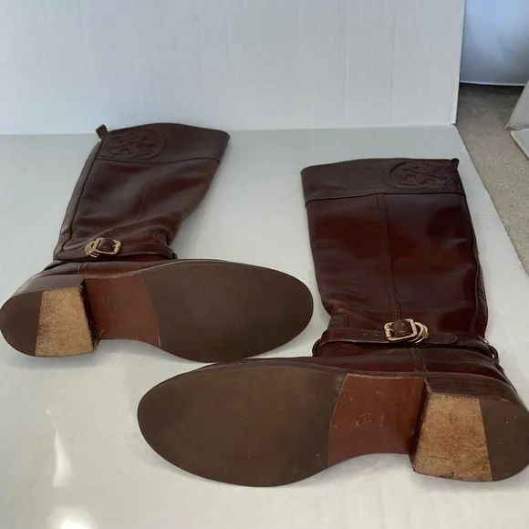 EUC Tory Burch Marlene leather tall riding brown logo boots