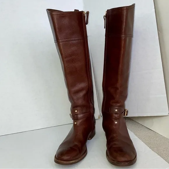 EUC Tory Burch Marlene leather tall riding brown logo boots