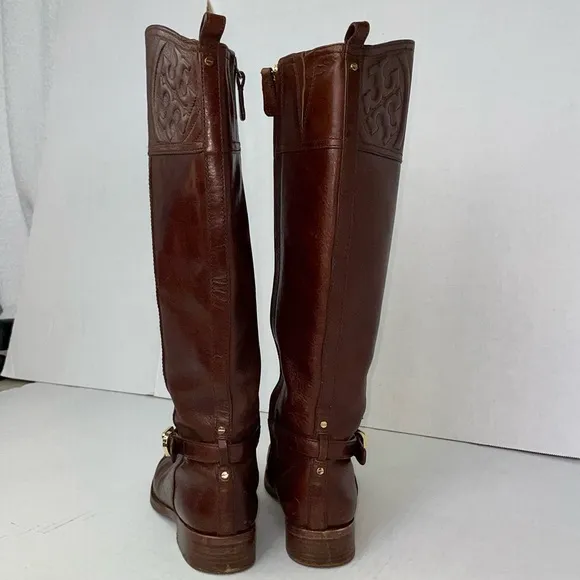 EUC Tory Burch Marlene leather tall riding brown logo boots