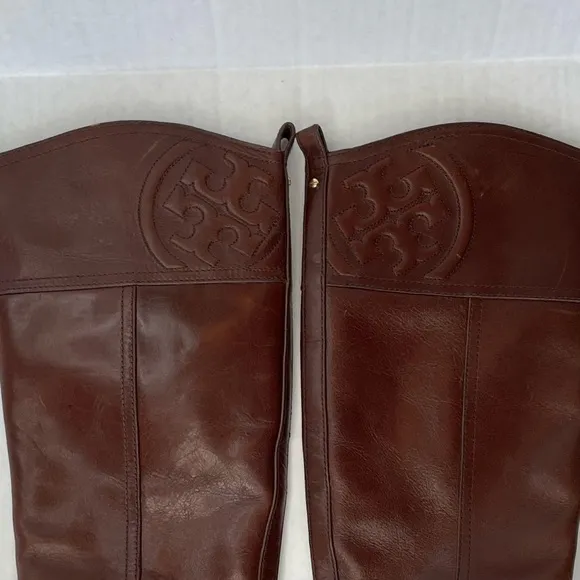EUC Tory Burch Marlene leather tall riding brown logo boots