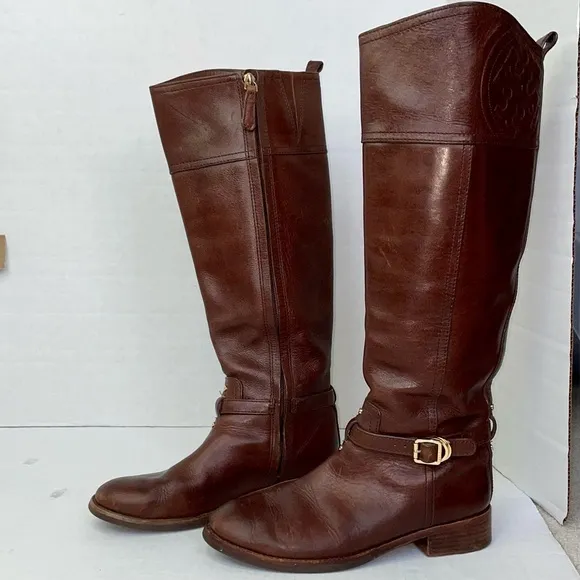 EUC Tory Burch Marlene leather tall riding brown logo boots
