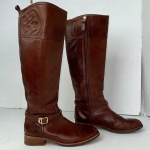 EUC Tory Burch Marlene leather tall riding brown logo boots