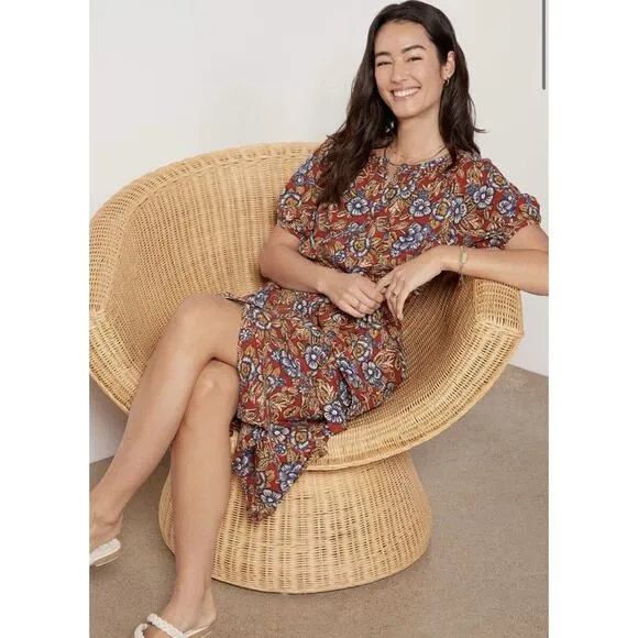 Faherty Carmel Linen Blend Belted Midi Dress Red Desert Bloom Flowy Classic XXL